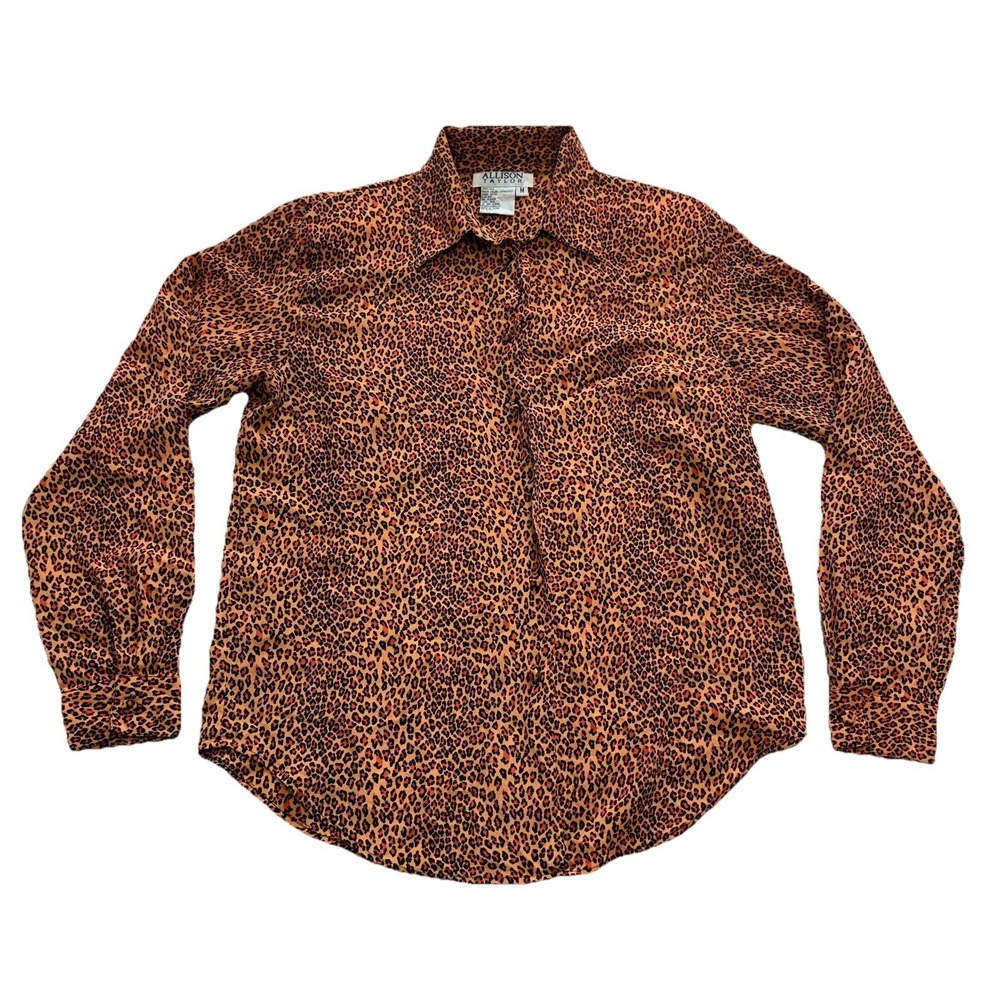 Vintage Allison Taylor 100% Silk Shirt Women's Orange Medium Leopard‎ Top Career